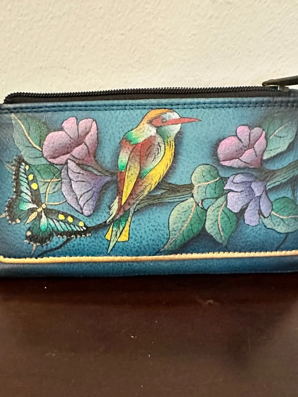 ANUSHKA Aqua Blue Leather Hand-Painted Butterfly & Floral Organizer Wallet